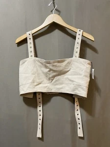 NWT ZARA Women Metal Grommets Strap Elastic Back Linen Rayon Crop Top SZ M Beige - Picture 1 of 15