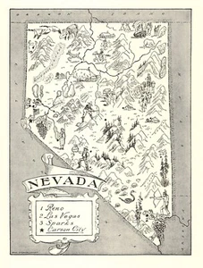 1950s Vintage Nevada State Map Animated Nevada Picture Map BW 1093 - Picture 1 of 4