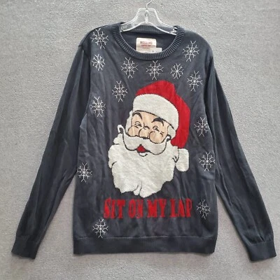 Mossimo Men Ugly Sweater Large Gray Santa Claus Sit On My Lap Christmas Pullover - Image 1 of 4