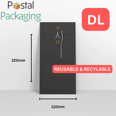 DL (220mm x 110mm) BLACK String & Washer Card Envelopes Button Tie  QUALITY - Image 1 of 3