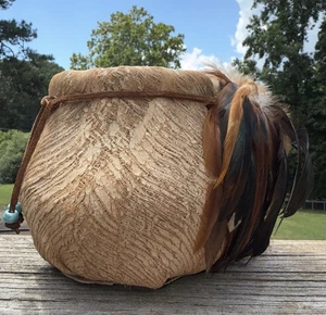 NATIVE AMERICAN INDIAN Handmade Birch Bark Rabbit Fur Basket Feathers Arrowhead - Picture 1 of 13