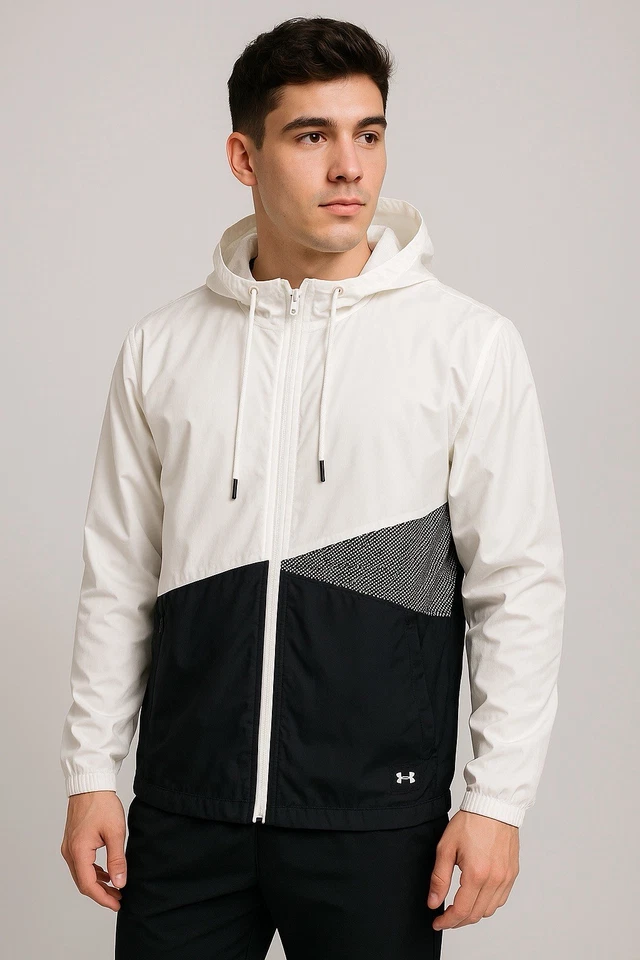 Under Armour 男式连帽风衣夹克白色/黑色网眼背面标志,尺寸 L — 第 1/4 张图片