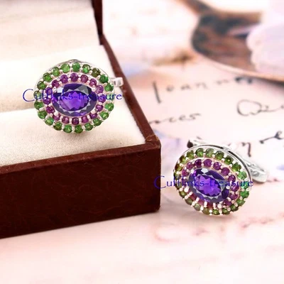 Gemas naturales de amatista y tsavorie con gemelos de plata de ley 925 para hombre #70 Foto 1 de 4