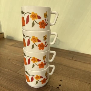 Vintage 1970s Arcopal Set Of 4 Scania Milk Glass Orange Floral Stacking Cups X - Picture 1 of 7