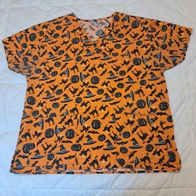 Crest Womens Large Nurse Scrubs Top Shirt Halloween Witch Hat Black Cat Pumpkin - Image 1 of 4