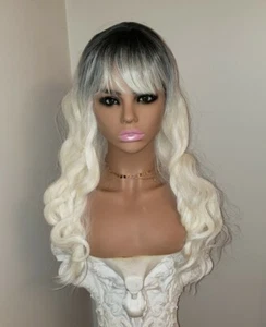 Balayage Wig - Human Hair Blend Platinum  Blonde Silver Black Rainbow Multicolor - Picture 1 of 5