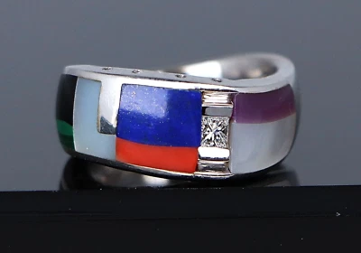 Asch Grossbardt 14K White Gold Diamond Lapis Coral MOP Onyx Sugilite Ring Band - Image 1 of 4