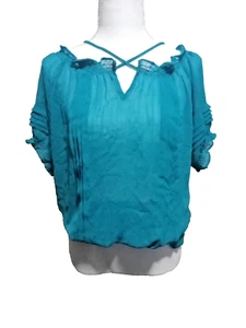 Miley Cyrus Teal Women's Summer Top Flowy Stretchy Semi Sheer Shirt Blouse Shirt - Picture 1 of 8