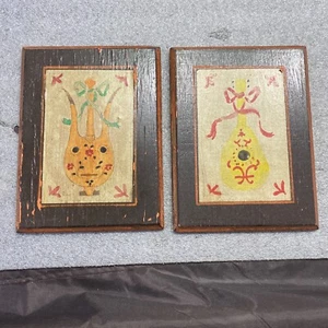 Vintage Pair Of Italian Wood Picture Plaques Handmade - Picture 1 of 8
