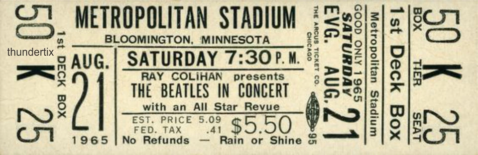1  BEATLES UNUSED FULL CONCERT TICKET 1965 Bloomington MN  laminated  reprint - Image 1 of 1