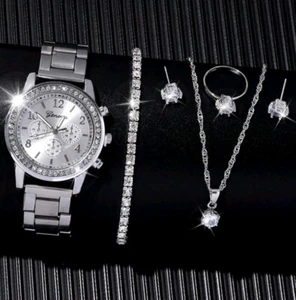 Silver Women Ladies Silver Watch High Quality 5 Piece Gift Set UK FREE P&P - Picture 1 of 4