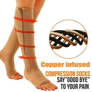 Zip Up Compression Socks with Zipper Supports Leg Knee Stockings Open Toe NUDE - Picture 1 of 14