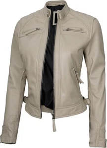 Chaqueta clásica de cuero beige ajustada para mujer Chaqueta de cuero real Café Racer-A10 - Imagen 1 de 7