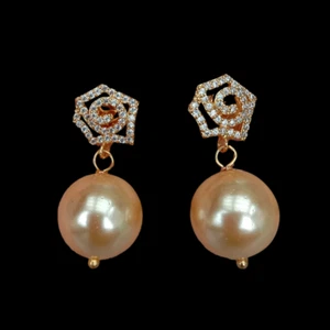 Champagne Sea Shell Pearl Dangle cubic zirconia pave Stud Earrings Party Jewelry - Picture 1 of 5
