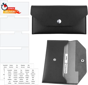 Cash Envelope Wallet Black PU Leather Cash Reusable Budget Envelope with 4 PCS C - Picture 1 of 12