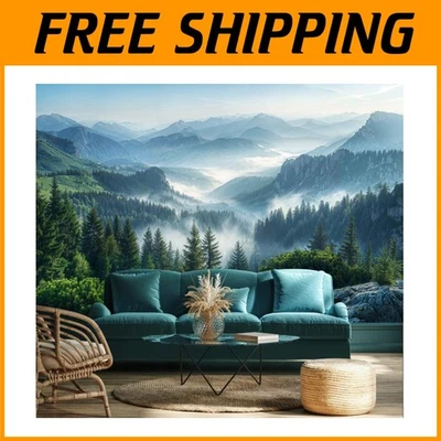 Mural de pared bosque de pinos brumosos - paisaje de picos de montaña Foto 1 de 4