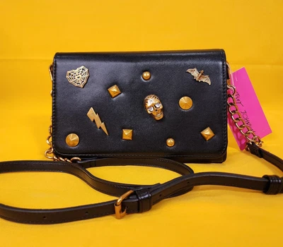 Betsey Johnson Black Gold Skull Bat Halloween Crossbody Bag Clutch Wallet NEW - Image 1 of 4