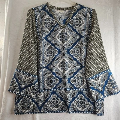 Top túnica Belle Kim grava estampado geométrico cuello en V talla 2X manga larga acampanada Foto 1 de 4