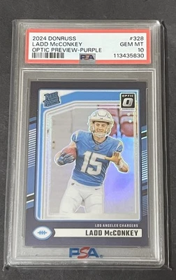 2024 Donruss Ladd McConkey Optic Rated Rookie Preview Purple 16/50 - PSA 10 - Image 1 of 2
