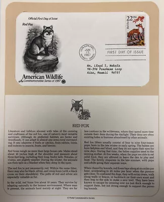 American Wildlife Mail Cover FDC & Info Sheet Red Fox 1987 - Image 1 of 3