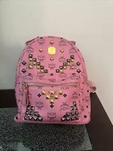 MCM Visetos Pink Monogram Gold Studded Accents Leather Backpack - Picture 1 of 14