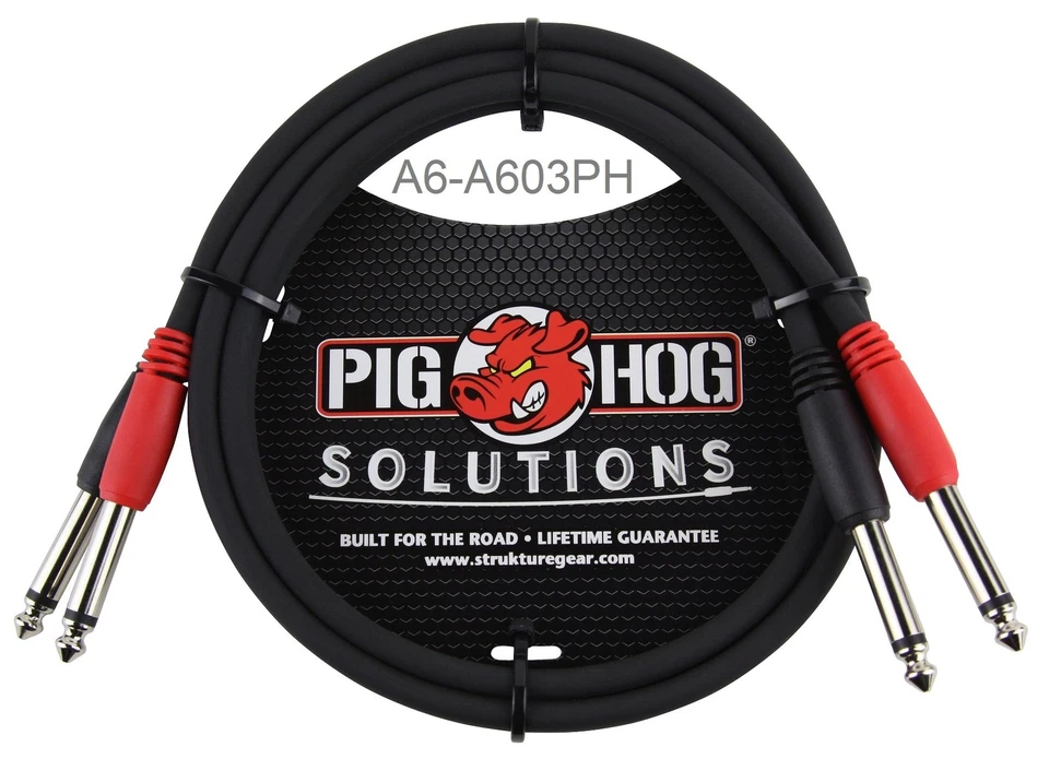 3ft Dual 1/4" TS Mono Male/Male Plug Noise Free Pig-Hog Audio Cable, A6-A603PH - Image 1 of 1
