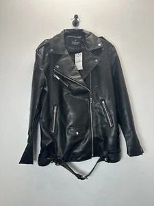 Stradivarius Faux Leather Biker Jacket Size L Black Capsule Wardrobe RRP £46 - Picture 1 of 8