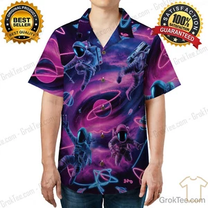 Astronaut Space Hawaiian Shirt Neon Galaxy Sci-Fi Vaporwave retrò maglietta estetica - Foto 1 di 7