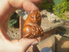 2b.. Hand Carved wood netsuke Cat caught a mouse , boxwood collectable figure