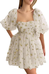 Vestidos cortos estrellados brillantes de fiesta para adolescentes mini vestido de graduación mangas hinchadas - Imagen 1 de 84