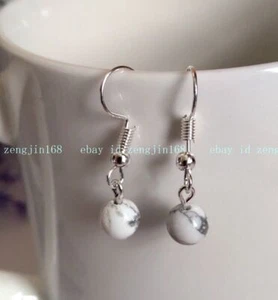 8mm White Howlite Beads Drop Earrings Natural Stone Tone Hook Gemstone Simple - Picture 1 of 12