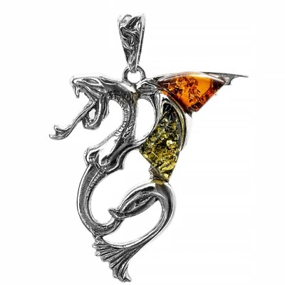 Hermoso colgante de dragón de ámbar báltico multicolor de plata de ley pura maciza 925 Foto 1 de 4