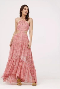 MISA LA Damen XLarge Maxikleid Dailia Neckholder Cutout Rosa Rüschen Chiffon Strand - Bild 1 von 13