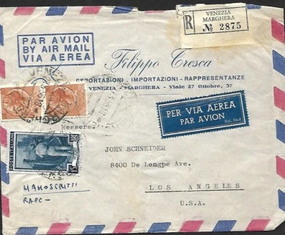 CAPA REGISTRADA ITÁLIA 1956 PARA LOS ANGELES  - Imagem 1 de 2
