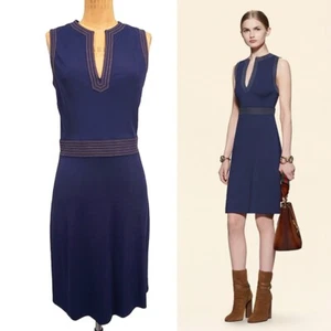 sz L NEW $2,100 GUCCI Blue Jersey TAN STITCH Crepe Viscose SLEEVELESS DRESS NWT - Picture 1 of 12