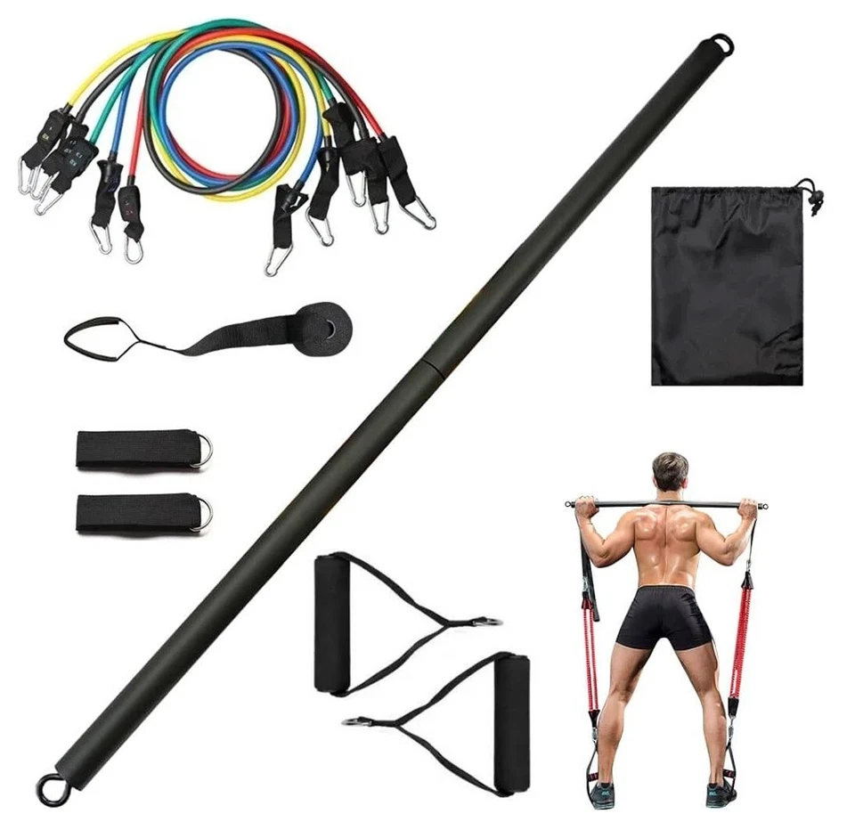 SET 10 ELASTICI + BARRA PALESTRA FITNESS BANDE ELASTICHE BARRA ELASTICI PILATES