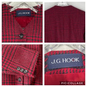 Vintage J.G. Hook Womens Red Blue Black Houndstooth Check Boxy Blazer Jacket 12 - Picture 1 of 8