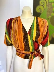Vintage CUE psychedelic striped wrap top M - Picture 1 of 10