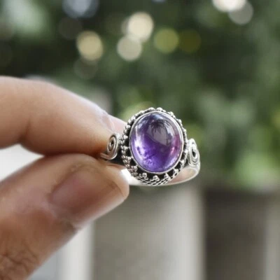 Naturale Ametista Massiccio 925 Argento Sterling Donna Anello Sottile Gioielli - Immagine 1 di 4