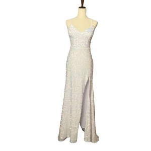 Party Formal Gown Prom Dress V-Neck Straps 10 White Pastel Sequin Slit Backless - Picture 1 of 11