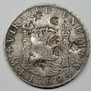 1768 Mo Silver 8 Reales Pillar Dollar Mexico w/ Chopmarks Large Size *K1061 - Picture 1 of 4