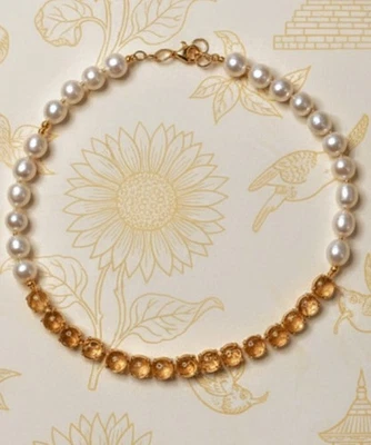 Natural Yellow Citrine & Large Genuine Baroque Pearls In Trendy Gold Necklace - Image 1 of 4