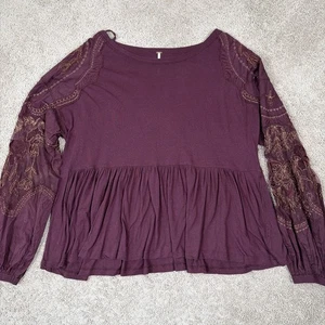 Free People Top Damen S Burgund Penny bestickt Ärmel kastig Schößchen Bohemian - Bild 1 von 11