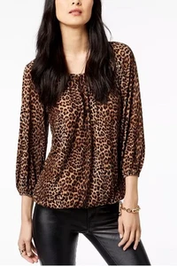 MICHAEL Michael Kors Womens Size Petite Leopard-Print Peasant Top - Picture 1 of 9
