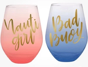 2er Set Jumbo stiellose Weingläser mit maritimen Themen (Nauti Girl & Bad Booy) Neu im Karton - Bild 1 von 10