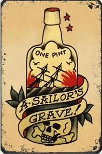SAILOR JERRY INSPIRED ART METAL TIN SIGN ONE PINT BOTTLE A SAILOR'S GRAVE SKULL - Picture 1 of 1