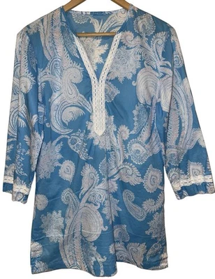 Túnica J. McLaughlin 100 % algodón estampado cachemir blanco encaje talla M azul pastel Foto 1 de 4
