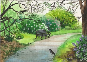 ACEO PRINT OF PAINTING CROW RAVEN RYTA ART PARK ALLEY SPRING Lilac Landscape 🌳 - Picture 1 of 1