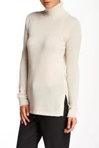 Cullen Rib Detail Hi-Lo Cashmere Turtleneck Oatmeal L NWT $310 - Picture 1 of 2
