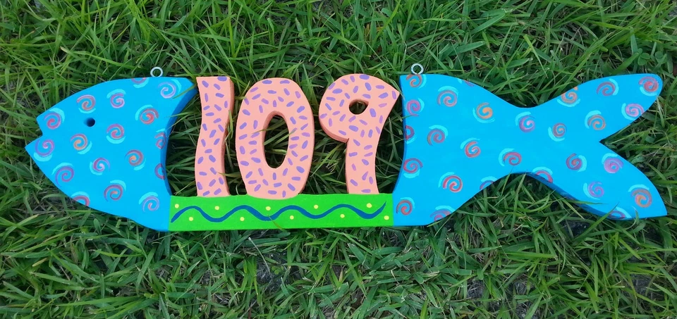 Custom WOODEN FISH HOUSE NUMBER Address Sign HAND MADE Painted Carved Wood - Image 1 of 4